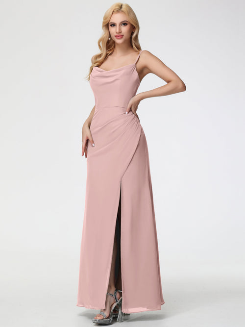 Dusty Rose Bridesmaid Dress Spaghetti Straps Cowl Neck Sheath/Coulmn Ruched Floor Length Chiffon Bridesmaid Dress With Slit