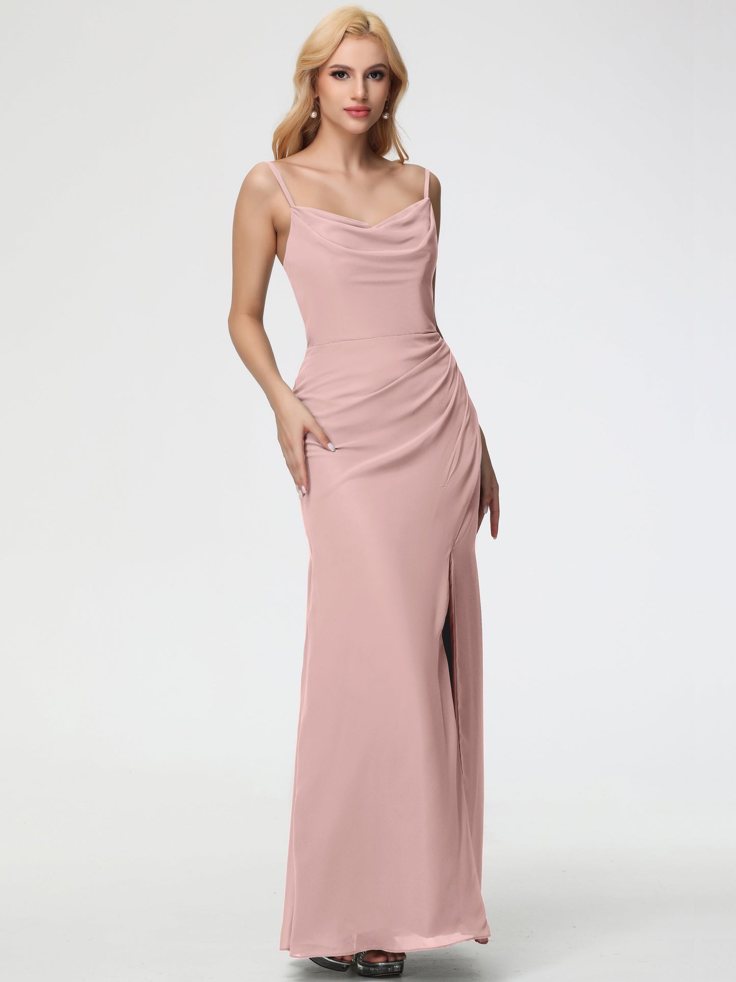Dusty Rose Bridesmaid Dress Spaghetti Straps Cowl Neck Sheath/Coulmn Ruched Floor Length Chiffon Bridesmaid Dress With Slit