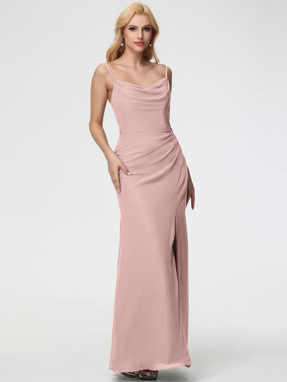 Dusty Rose Bridesmaid Dress Spaghetti Straps Cowl Neck Sheath/Coulmn Ruched Floor Length Chiffon Bridesmaid Dress With Slit