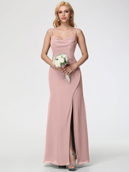 Dusty Rose Bridesmaid Dress Spaghetti Straps Cowl Neck Sheath/Coulmn Ruched Floor Length Chiffon Bridesmaid Dress With Slit