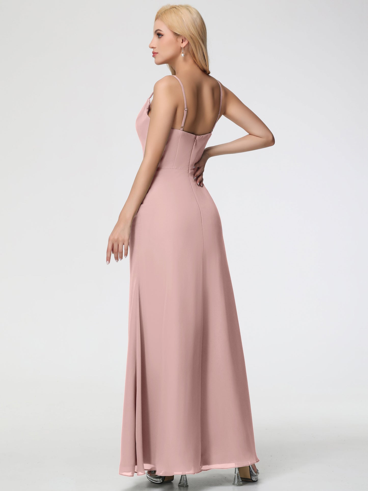 Dusty Rose Bridesmaid Dress Spaghetti Straps Cowl Neck Sheath/Coulmn Ruched Floor Length Chiffon Bridesmaid Dress With Slit