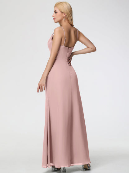 Dusty Rose Bridesmaid Dress Spaghetti Straps Cowl Neck Sheath/Coulmn Ruched Floor Length Chiffon Bridesmaid Dress With Slit