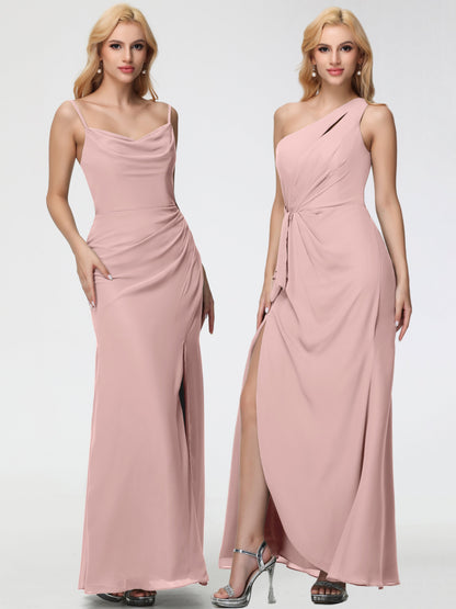 Dusty Rose Bridesmaid Dress Spaghetti Straps Cowl Neck Sheath/Coulmn Ruched Floor Length Chiffon Bridesmaid Dress With Slit