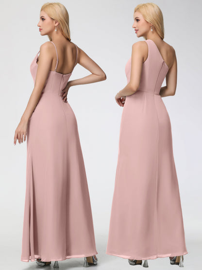 Dusty Rose Bridesmaid Dress Spaghetti Straps Cowl Neck Sheath/Coulmn Ruched Floor Length Chiffon Bridesmaid Dress With Slit