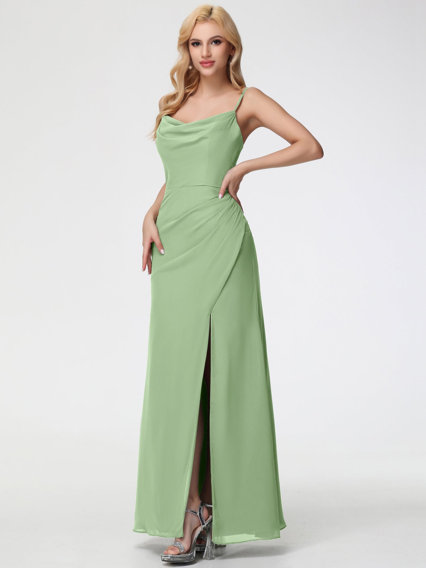Dusty Sage Bridesmaid Dress Spaghetti Straps Cowl Neck Sheath/Coulmn Ruched Floor Length Chiffon Bridesmaid Dress With Slit