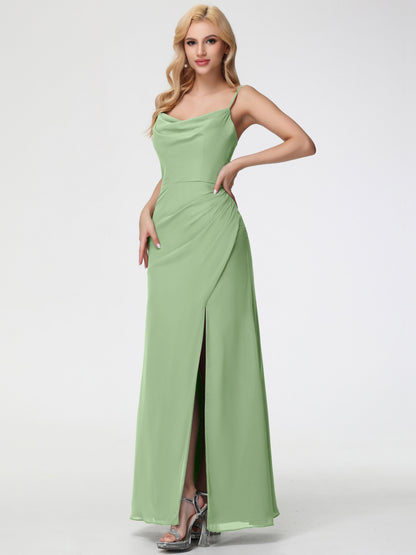 Dusty Sage Bridesmaid Dress Spaghetti Straps Cowl Neck Sheath/Coulmn Ruched Floor Length Chiffon Bridesmaid Dress With Slit