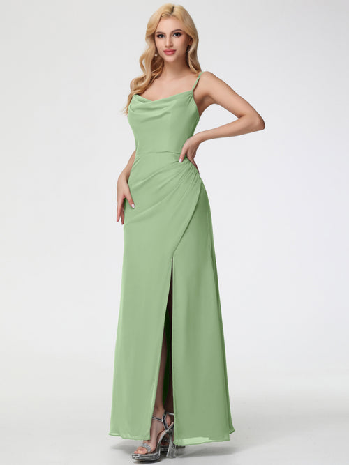 Dusty Sage Bridesmaid Dress Spaghetti Straps Cowl Neck Sheath/Coulmn Ruched Floor Length Chiffon Bridesmaid Dress With Slit