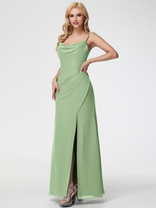 Dusty Sage Bridesmaid Dress Spaghetti Straps Cowl Neck Sheath/Coulmn Ruched Floor Length Chiffon Bridesmaid Dress With Slit
