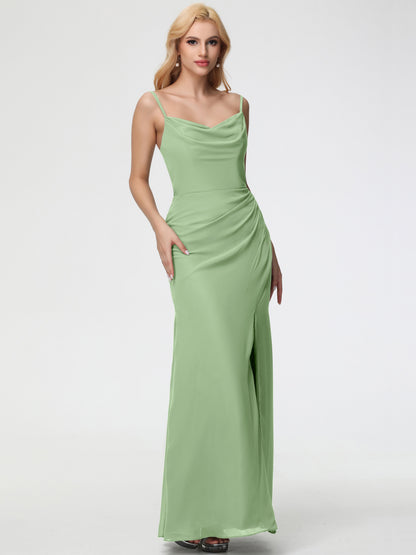 Dusty Sage Bridesmaid Dress Spaghetti Straps Cowl Neck Sheath/Coulmn Ruched Floor Length Chiffon Bridesmaid Dress With Slit