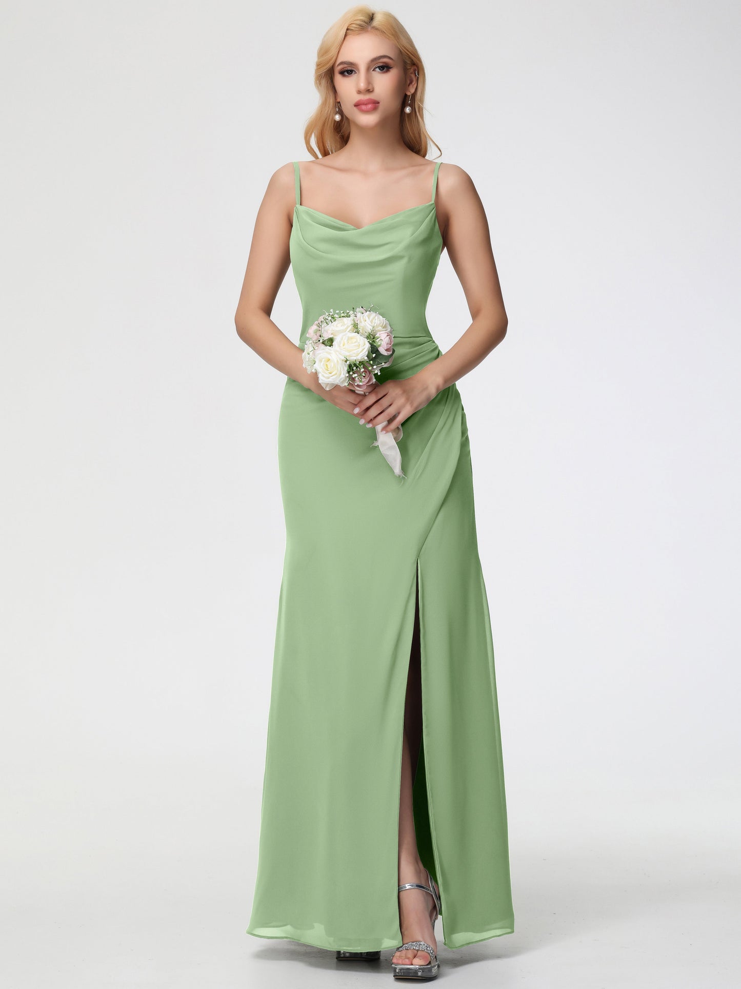 Dusty Sage Bridesmaid Dress Spaghetti Straps Cowl Neck Sheath/Coulmn Ruched Floor Length Chiffon Bridesmaid Dress With Slit