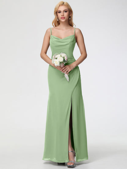 Dusty Sage Bridesmaid Dress Spaghetti Straps Cowl Neck Sheath/Coulmn Ruched Floor Length Chiffon Bridesmaid Dress With Slit
