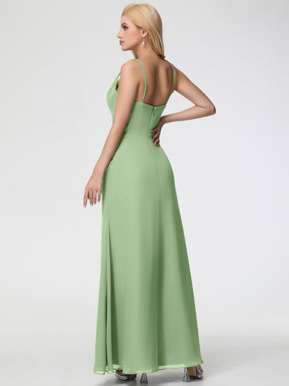 Dusty Sage Bridesmaid Dress Spaghetti Straps Cowl Neck Sheath/Coulmn Ruched Floor Length Chiffon Bridesmaid Dress With Slit