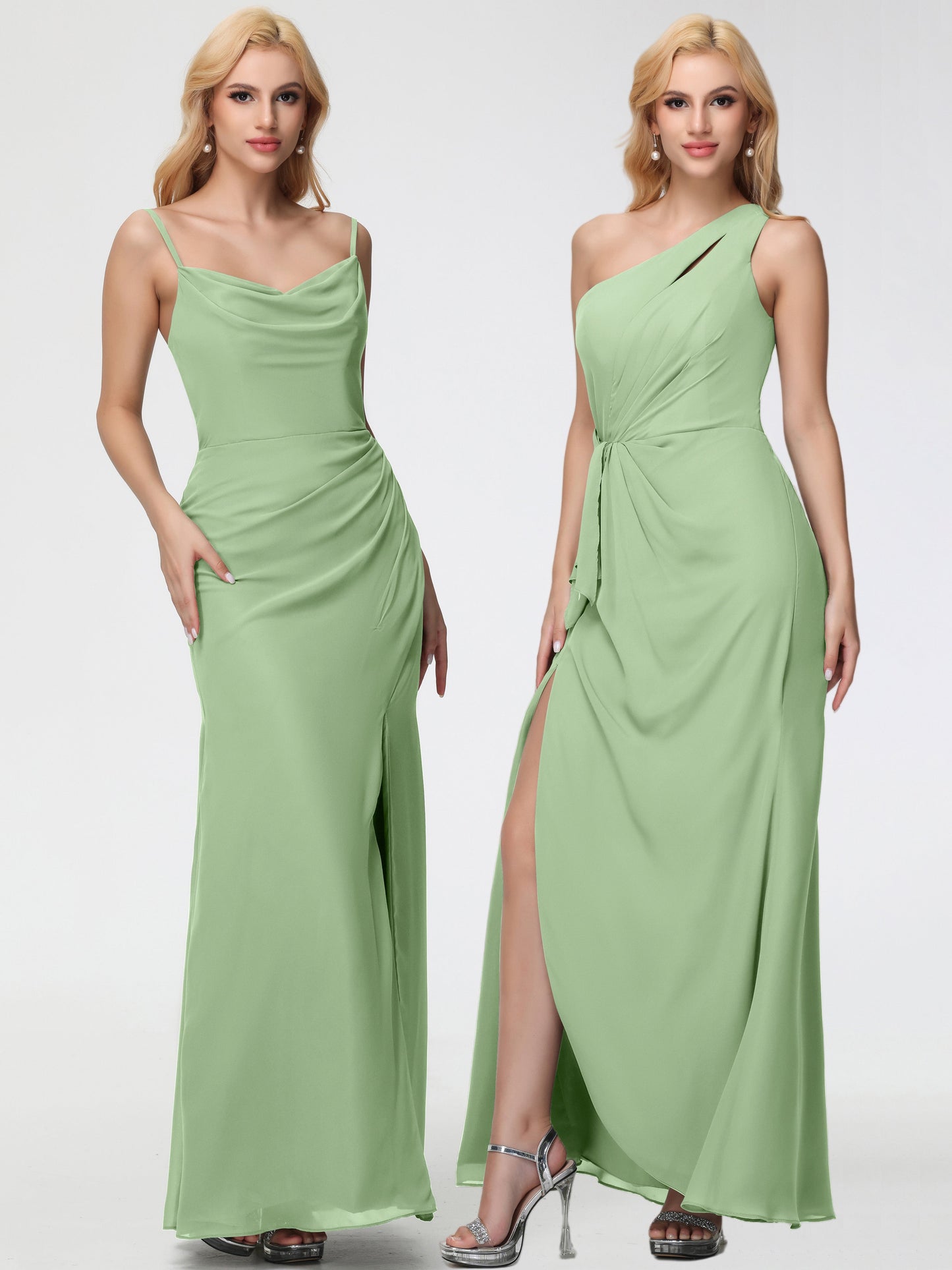 Dusty Sage Bridesmaid Dress Spaghetti Straps Cowl Neck Sheath/Coulmn Ruched Floor Length Chiffon Bridesmaid Dress With Slit