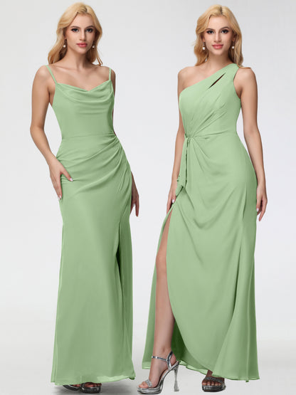 Dusty Sage Bridesmaid Dress Spaghetti Straps Cowl Neck Sheath/Coulmn Ruched Floor Length Chiffon Bridesmaid Dress With Slit