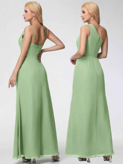 Dusty Sage Bridesmaid Dress Spaghetti Straps Cowl Neck Sheath/Coulmn Ruched Floor Length Chiffon Bridesmaid Dress With Slit
