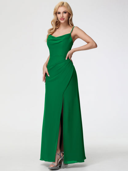 Emerald Bridesmaid Dress Spaghetti Straps Cowl Neck Sheath/Coulmn Ruched Floor Length Chiffon Bridesmaid Dress With Slit