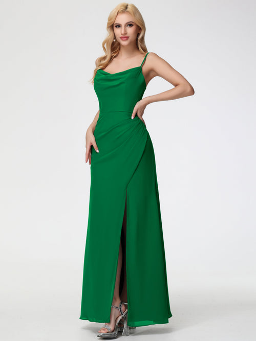 Emerald Bridesmaid Dress Spaghetti Straps Cowl Neck Sheath/Coulmn Ruched Floor Length Chiffon Bridesmaid Dress With Slit
