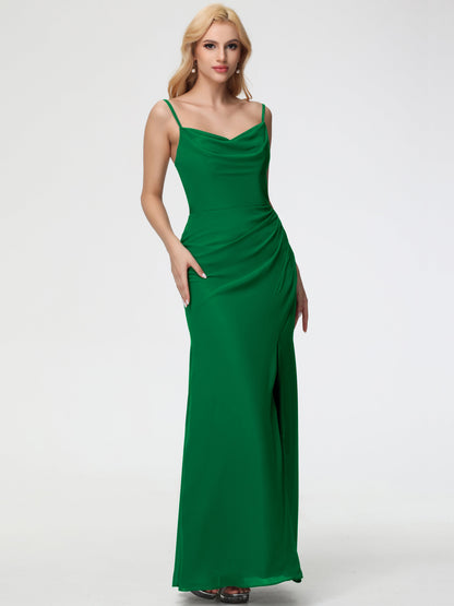 Emerald Bridesmaid Dress Spaghetti Straps Cowl Neck Sheath/Coulmn Ruched Floor Length Chiffon Bridesmaid Dress With Slit