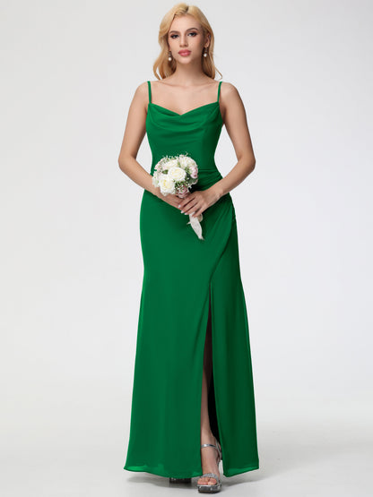 Emerald Bridesmaid Dress Spaghetti Straps Cowl Neck Sheath/Coulmn Ruched Floor Length Chiffon Bridesmaid Dress With Slit