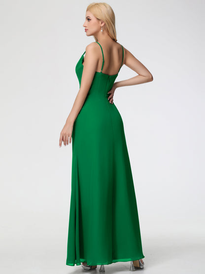 Emerald Bridesmaid Dress Spaghetti Straps Cowl Neck Sheath/Coulmn Ruched Floor Length Chiffon Bridesmaid Dress With Slit