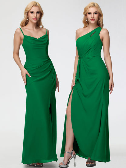 Emerald Bridesmaid Dress Spaghetti Straps Cowl Neck Sheath/Coulmn Ruched Floor Length Chiffon Bridesmaid Dress With Slit