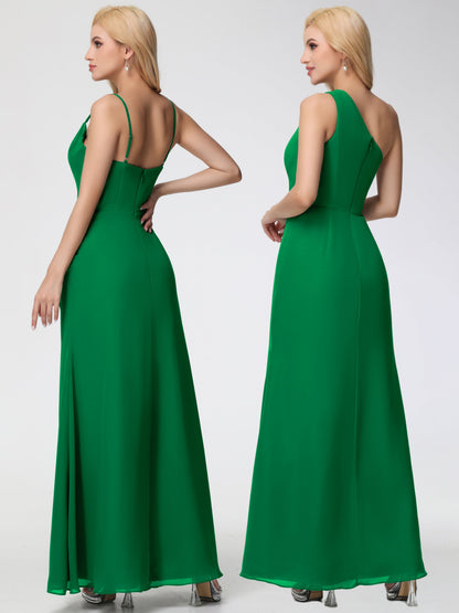 Emerald Bridesmaid Dress Spaghetti Straps Cowl Neck Sheath/Coulmn Ruched Floor Length Chiffon Bridesmaid Dress With Slit