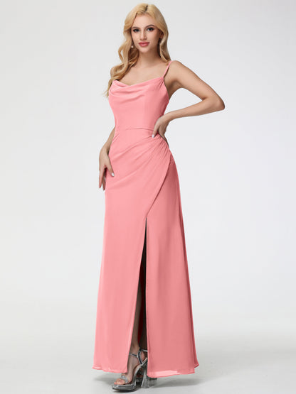 Flamingo Bridesmaid Dress Spaghetti Straps Cowl Neck Sheath/Coulmn Ruched Floor Length Chiffon Bridesmaid Dress With Slit