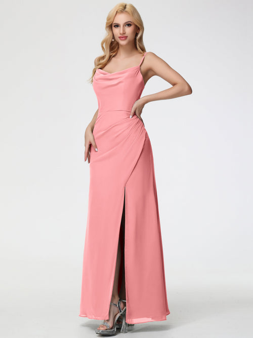 Flamingo Bridesmaid Dress Spaghetti Straps Cowl Neck Sheath/Coulmn Ruched Floor Length Chiffon Bridesmaid Dress With Slit
