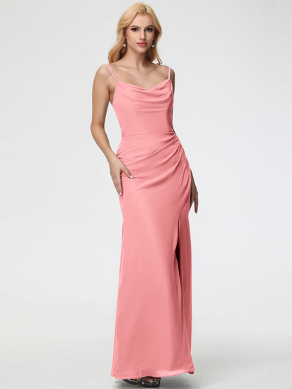 Flamingo Bridesmaid Dress Spaghetti Straps Cowl Neck Sheath/Coulmn Ruched Floor Length Chiffon Bridesmaid Dress With Slit