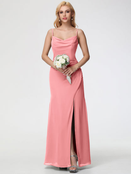 Flamingo Bridesmaid Dress Spaghetti Straps Cowl Neck Sheath/Coulmn Ruched Floor Length Chiffon Bridesmaid Dress With Slit