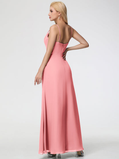 Flamingo Bridesmaid Dress Spaghetti Straps Cowl Neck Sheath/Coulmn Ruched Floor Length Chiffon Bridesmaid Dress With Slit