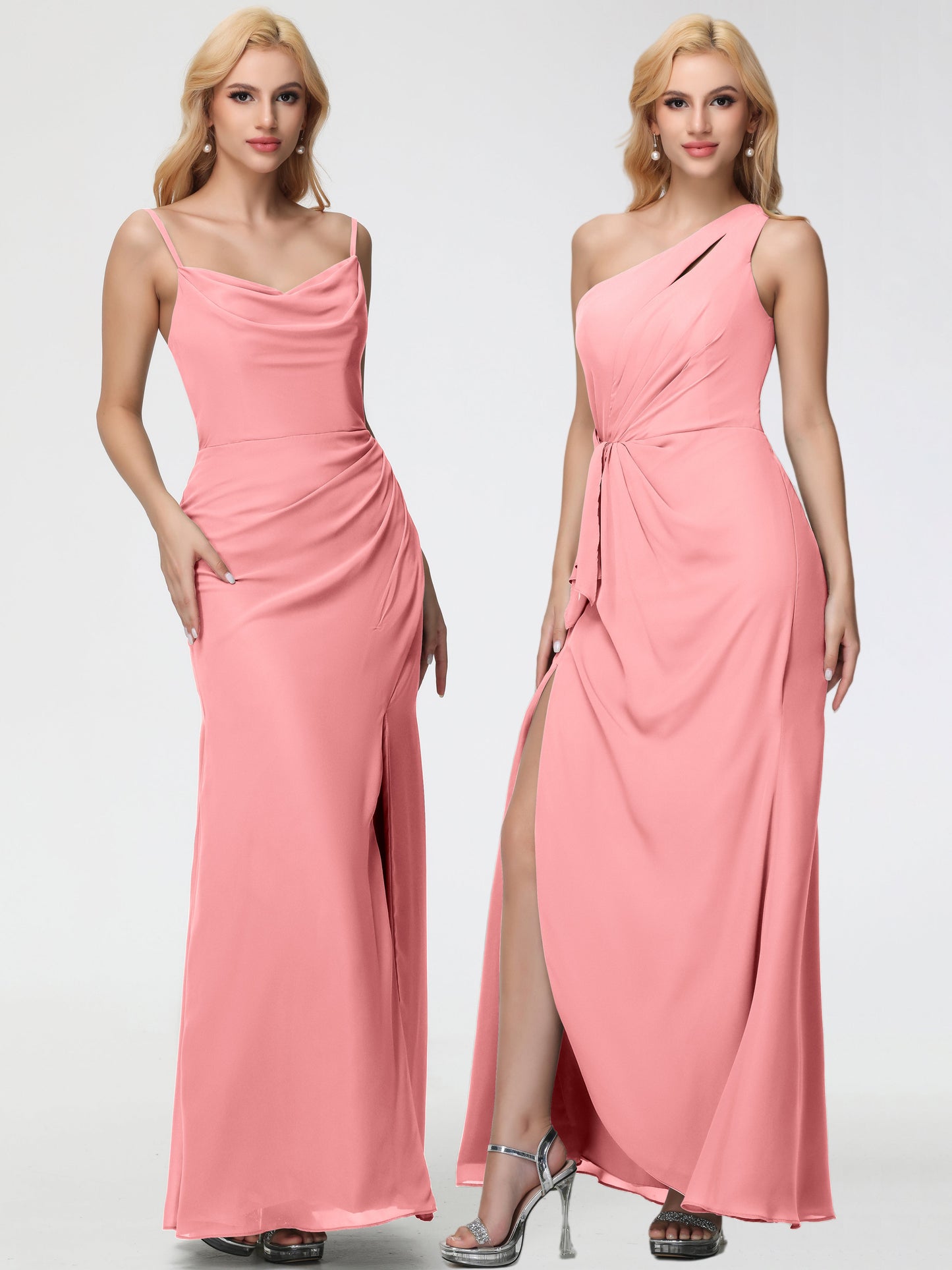 Flamingo Bridesmaid Dress Spaghetti Straps Cowl Neck Sheath/Coulmn Ruched Floor Length Chiffon Bridesmaid Dress With Slit