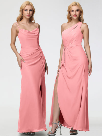 Flamingo Bridesmaid Dress Spaghetti Straps Cowl Neck Sheath/Coulmn Ruched Floor Length Chiffon Bridesmaid Dress With Slit