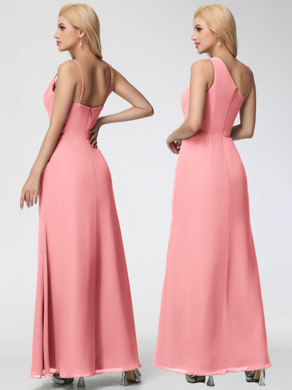 Flamingo Bridesmaid Dress Spaghetti Straps Cowl Neck Sheath/Coulmn Ruched Floor Length Chiffon Bridesmaid Dress With Slit