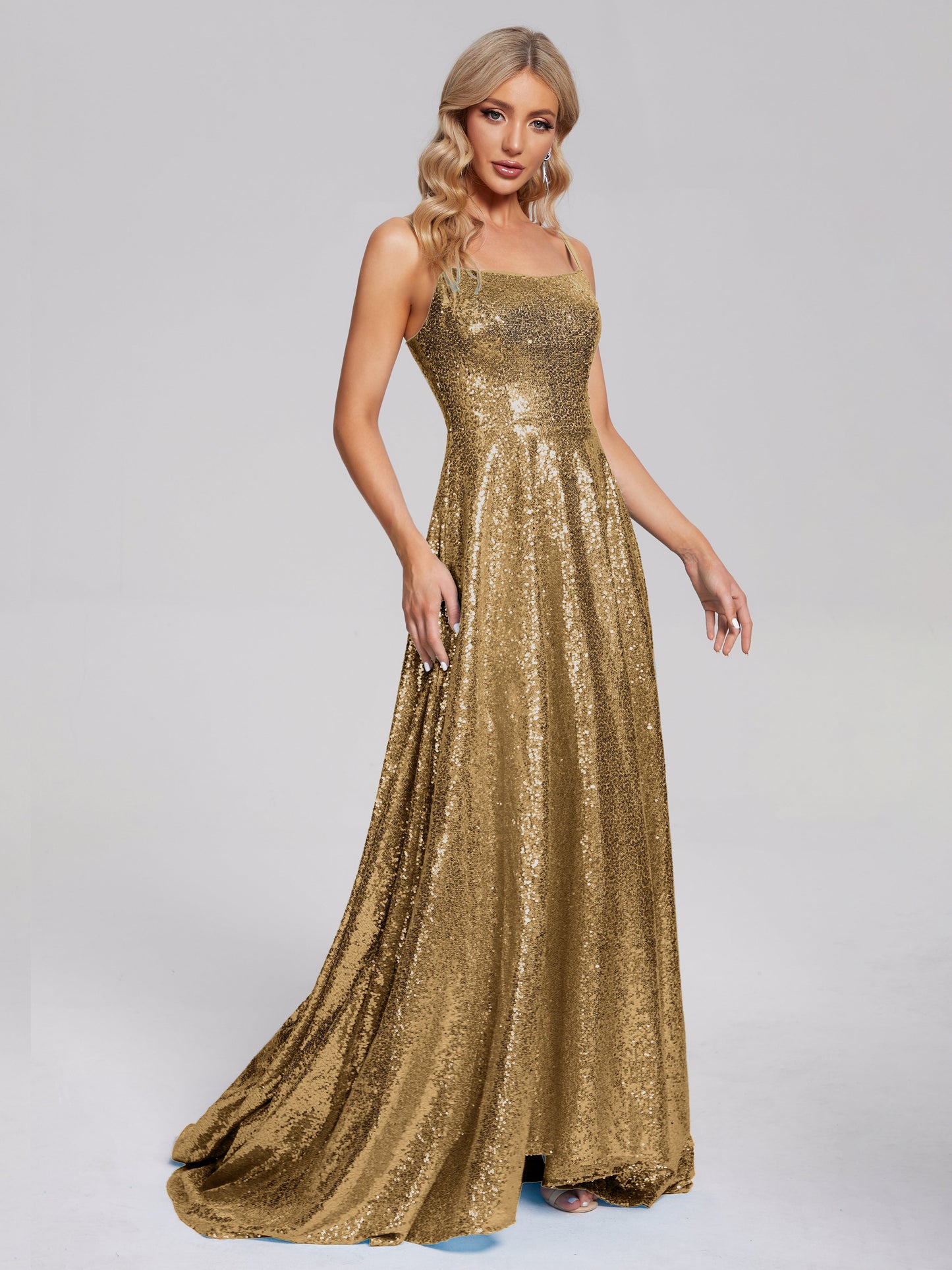 Lyric Spaghetti Straps Square Neck Sequins Bridesmaid Dress