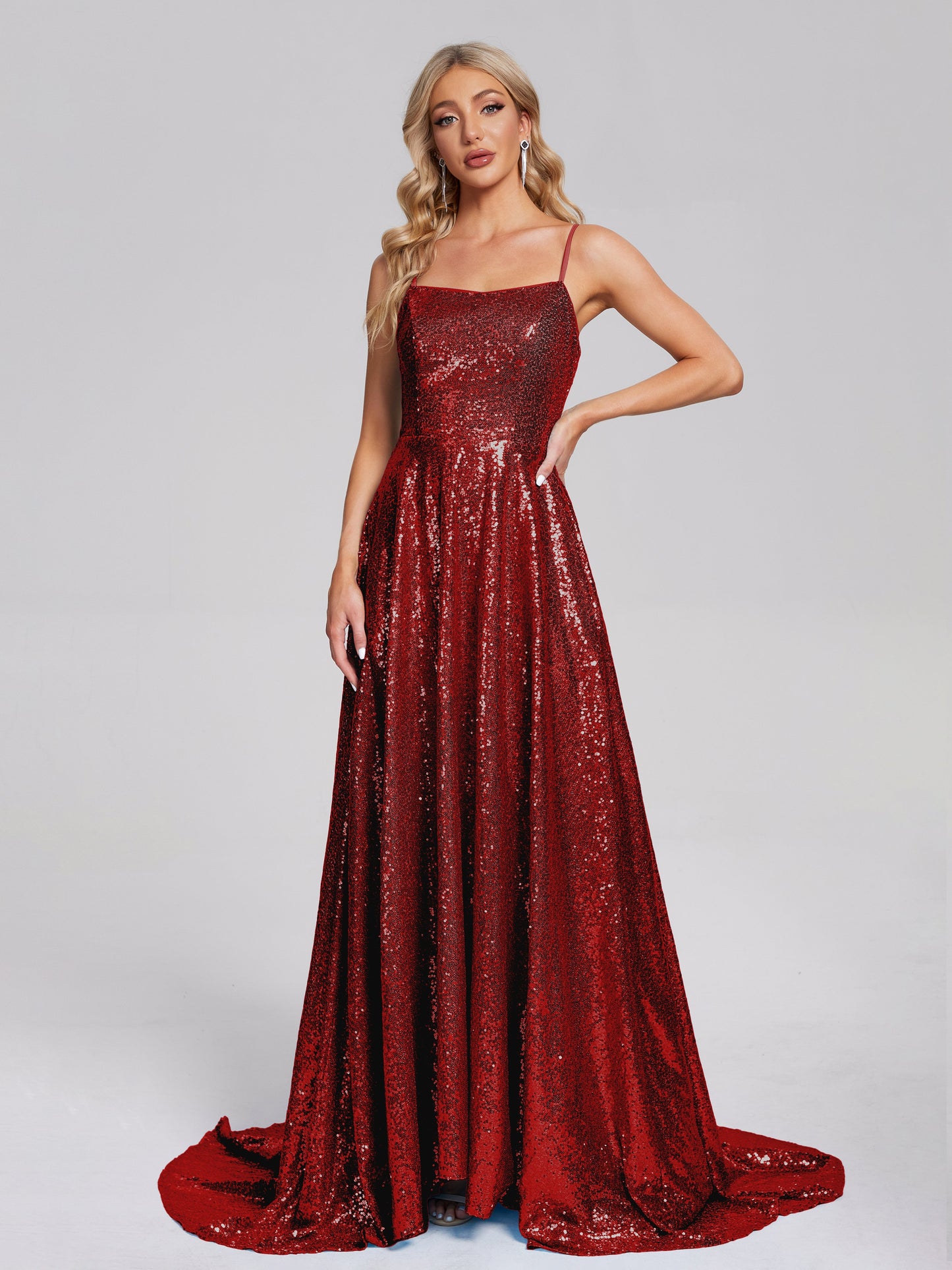 Lyric Spaghetti Straps Square Neck Sequins Bridesmaid Dress