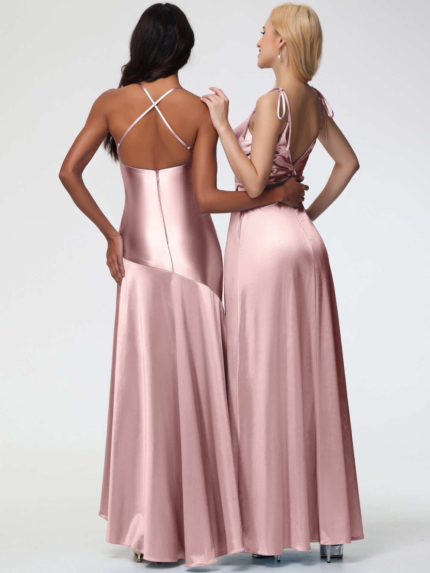 Bridesmaid Dresses Dusty Rose Spaghetti Straps V-Neck Ruched Floor Length Stretch Satin Bridesmaid Dress With Slit