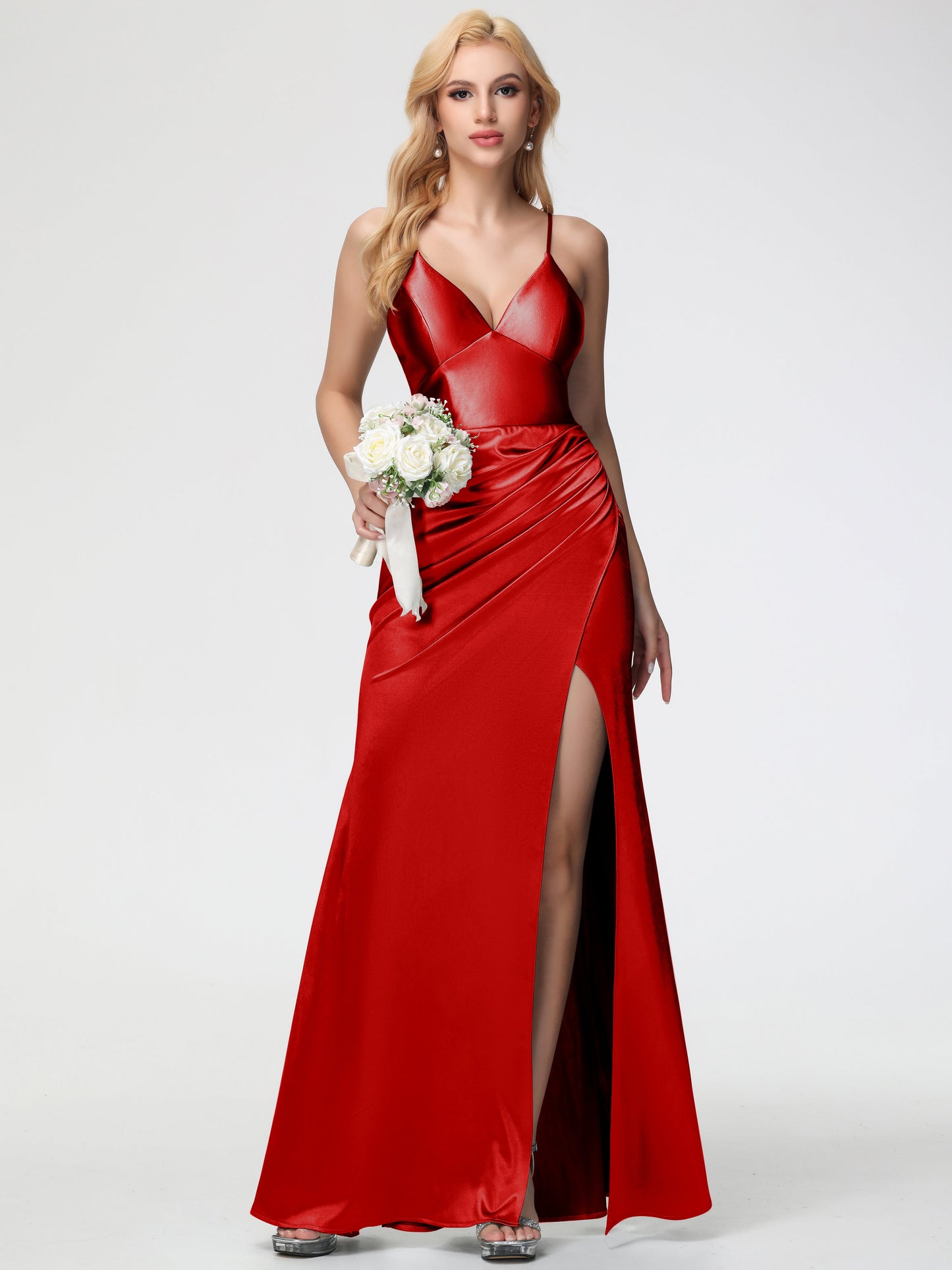 Red Bridesmaid Dresses Spaghetti Straps V-Neck Sheath Stretch Satin Bridesmaid Dress With Split
