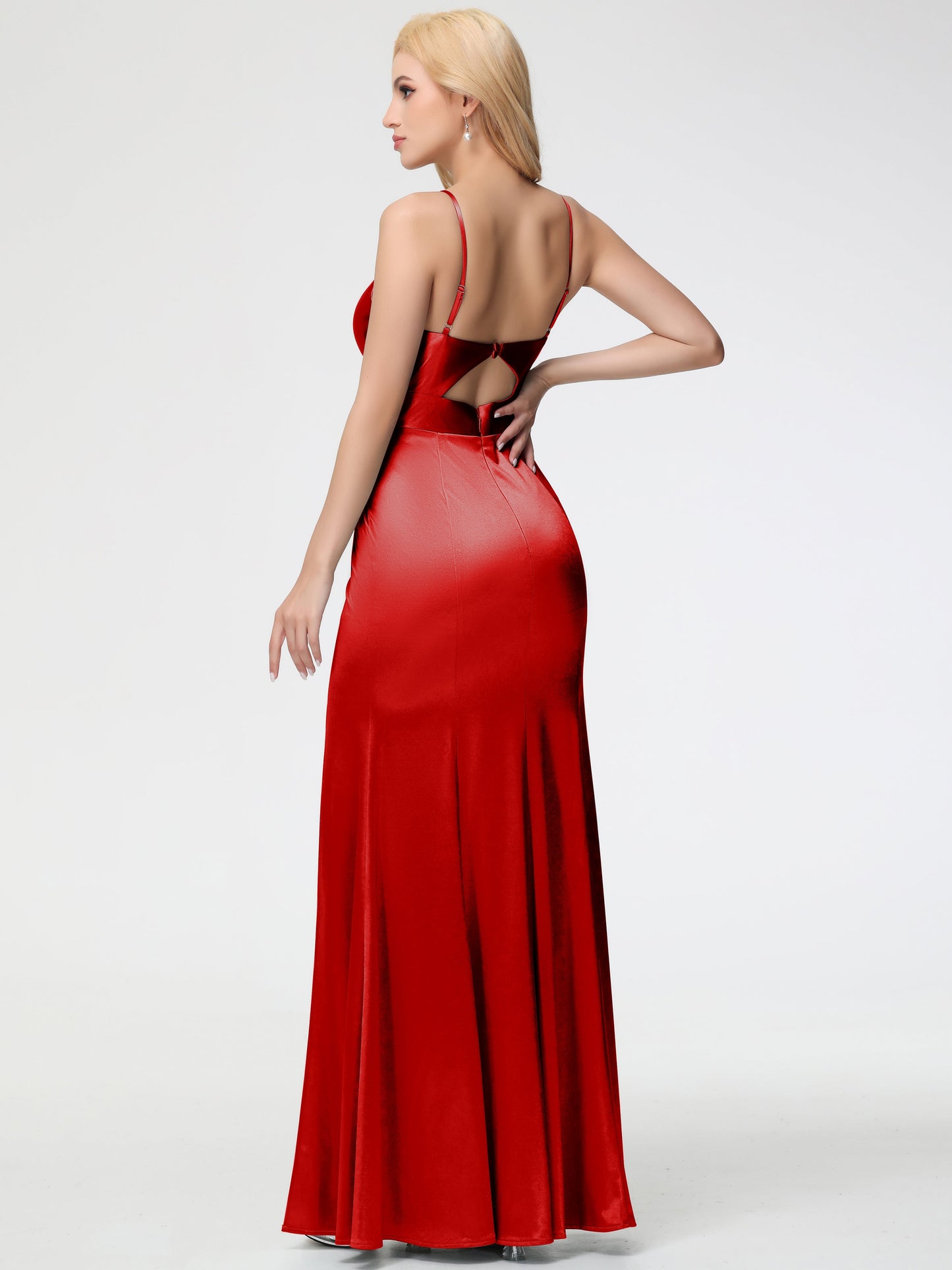 Red Bridesmaid Dresses Spaghetti Straps V-Neck Sheath Stretch Satin Bridesmaid Dress With Split