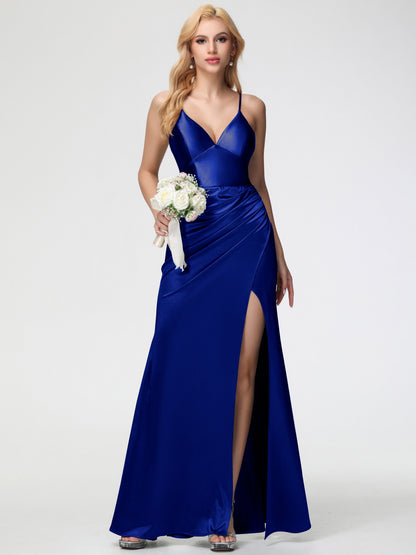 Royal Blue Bridesmaid Dresses Spaghetti Straps V-Neck Sheath Stretch Satin Bridesmaid Dress With Split