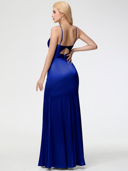 Royal Blue Bridesmaid Dresses Spaghetti Straps V-Neck Sheath Stretch Satin Bridesmaid Dress With Split