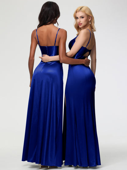 Royal Blue Bridesmaid Dresses Spaghetti Straps V-Neck Sheath Stretch Satin Bridesmaid Dress With Split