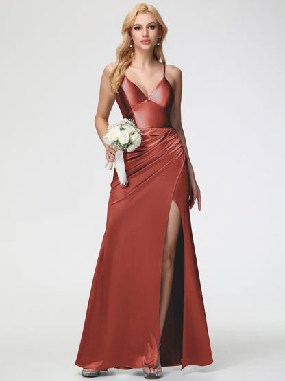 Rust Bridesmaid Dresses Spaghetti Straps V-Neck Sheath Stretch Satin Bridesmaid Dress With Split