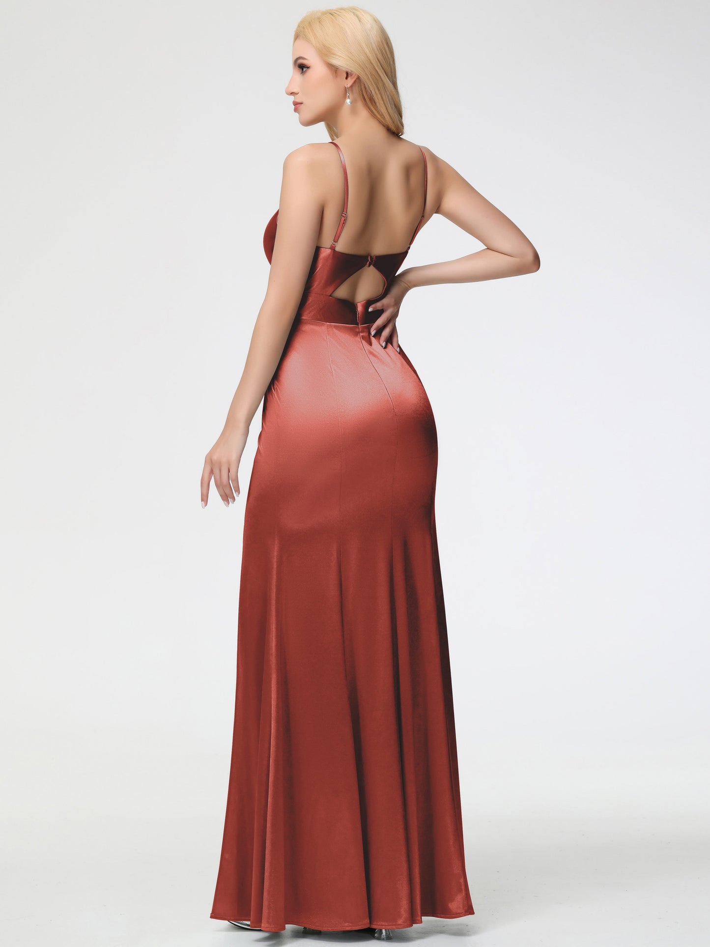 Rust Bridesmaid Dresses Spaghetti Straps V-Neck Sheath Stretch Satin Bridesmaid Dress With Split