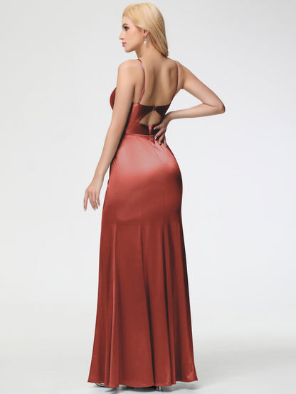 Rust Bridesmaid Dresses Spaghetti Straps V-Neck Sheath Stretch Satin Bridesmaid Dress With Split