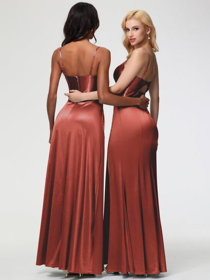 Rust Bridesmaid Dresses Spaghetti Straps V-Neck Sheath Stretch Satin Bridesmaid Dress With Split