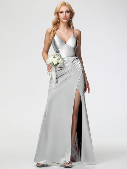 Silver Bridesmaid Dress Spaghetti Straps V-Neck Sheath Stretch Satin Bridesmaid Dress With Split