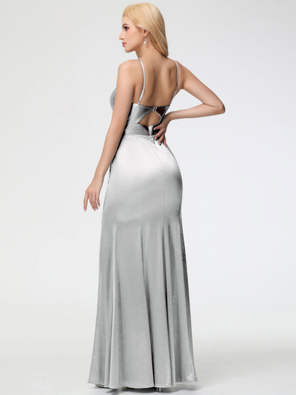 Silver Bridesmaid Dress Spaghetti Straps V-Neck Sheath Stretch Satin Bridesmaid Dress With Split