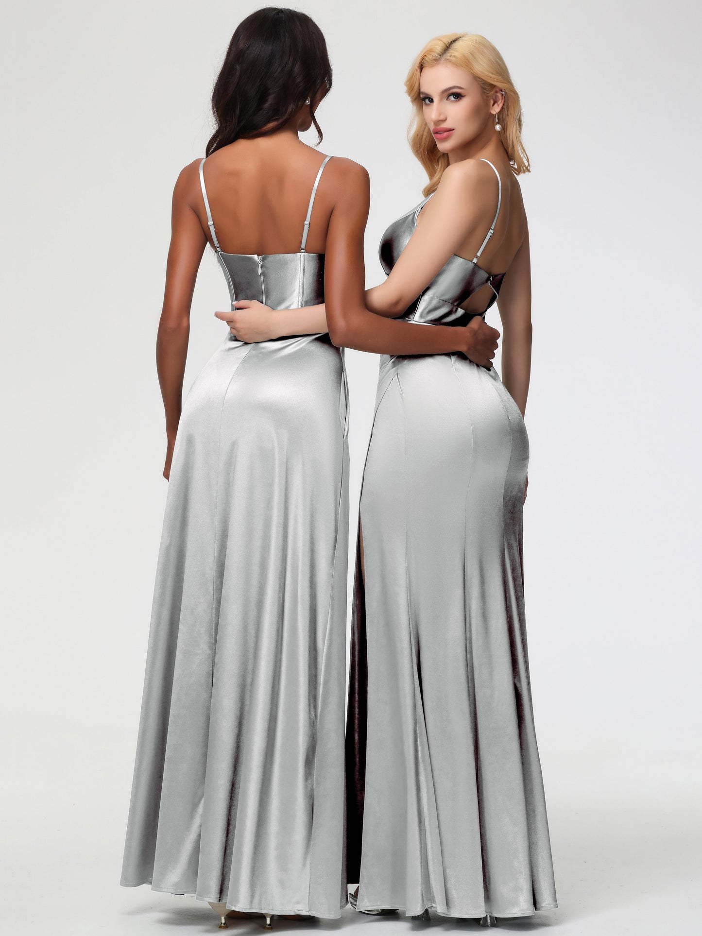 Silver Bridesmaid Dress Spaghetti Straps V-Neck Sheath Stretch Satin Bridesmaid Dress With Split