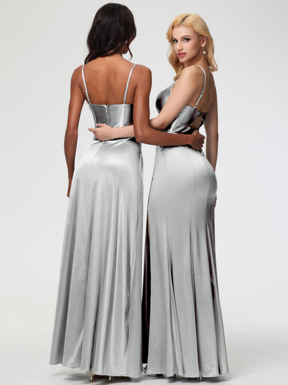Silver Bridesmaid Dress Spaghetti Straps V-Neck Sheath Stretch Satin Bridesmaid Dress With Split